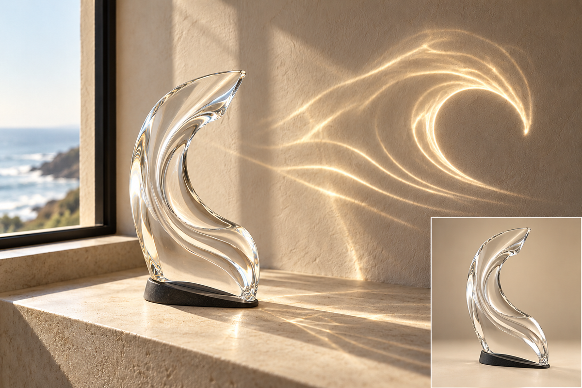 Concept image: Shorebreak Original, a clear resin wave on a dark base by a sunlit window, its light pattern on the wall