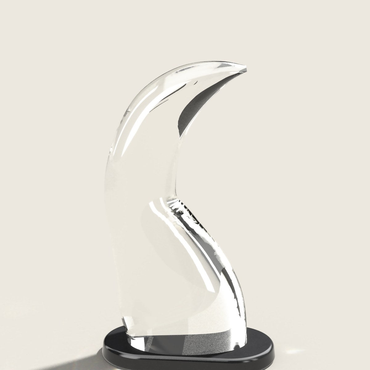Studio render: Keel, a clear resin fin on a dark base