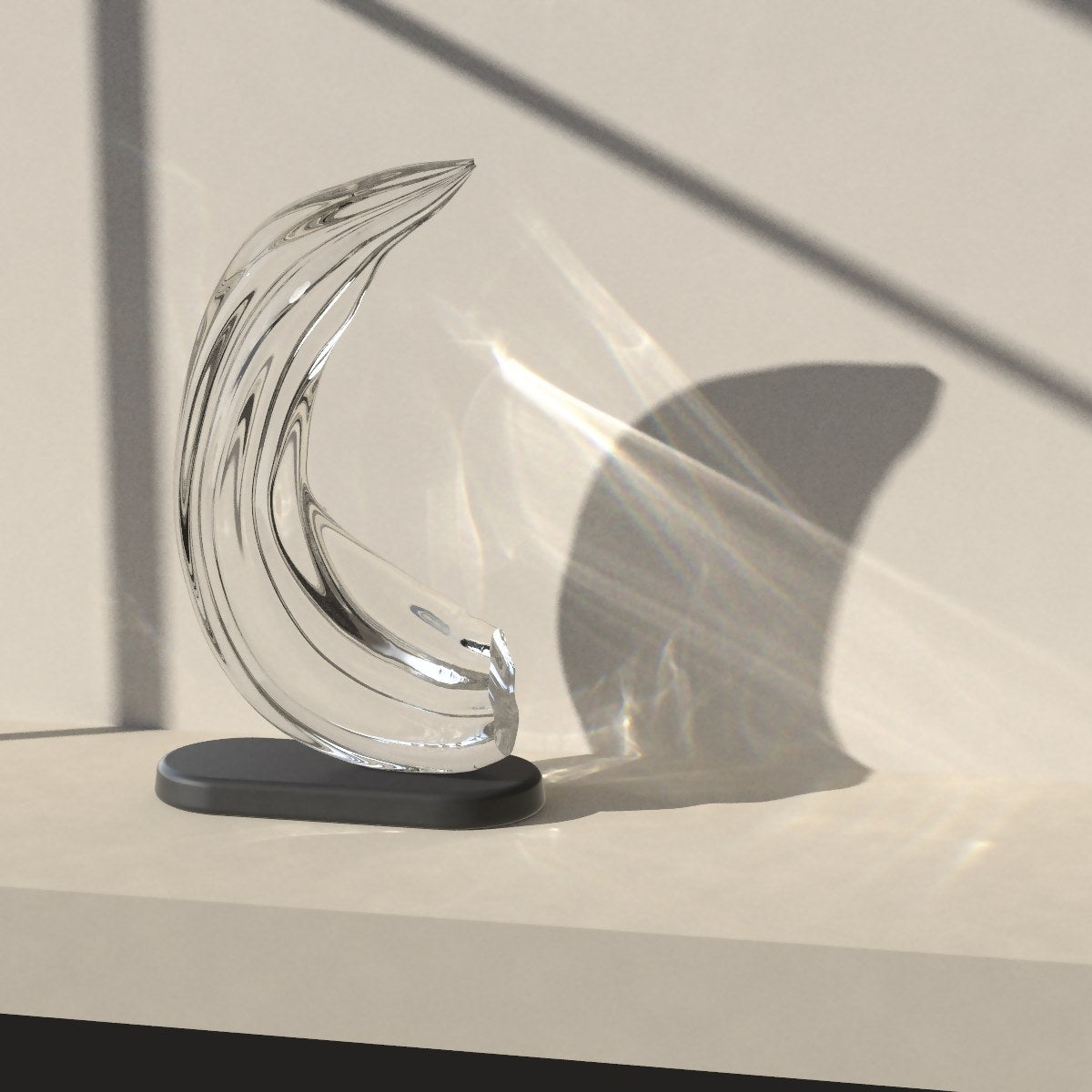 Studio render: Shorebreak on a stone sill in sunlight, its light pattern on the wall
